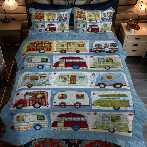 Vintage Camper Dreams quilted 3-piece bedding set on a made bed in a farmhouse bedroom