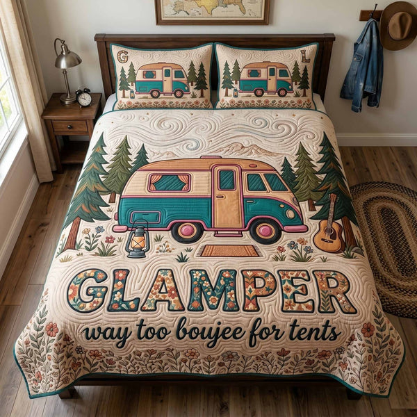 Vintage Camper quilted 3-piece bedding set on a made bed in a farmhouse bedroom
