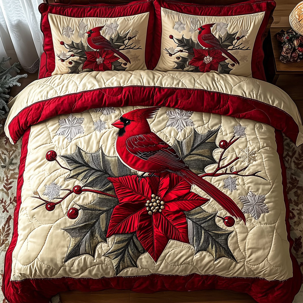 Vintage Cardinal Poinsettia Flower quilted 3-piece bedding set on a made bed in a winter-styled bedroom