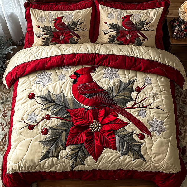 Vintage Cardinal Poinsettia Flower quilted 3-piece bedding set on a made bed in a winter-styled bedroom