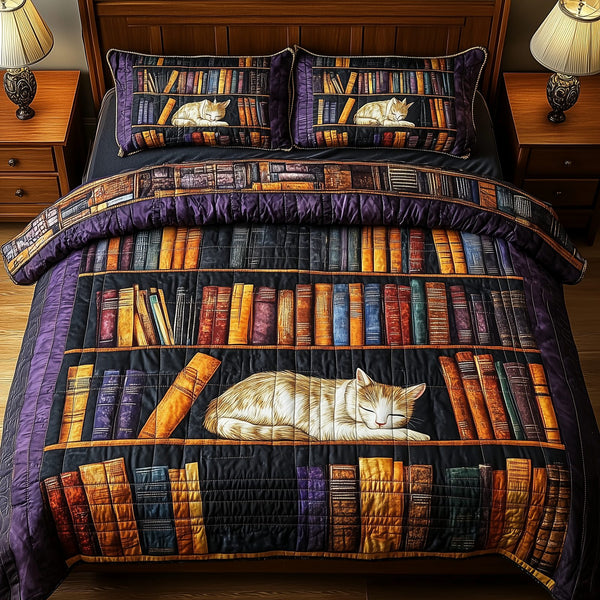 Vintage Cat Bookshelf quilted 3-piece bedding set on a made bed in a farmhouse bedroom