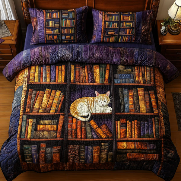 Vintage Cat Bookshelf quilted 3-piece bedding set on a made bed in a farmhouse bedroom