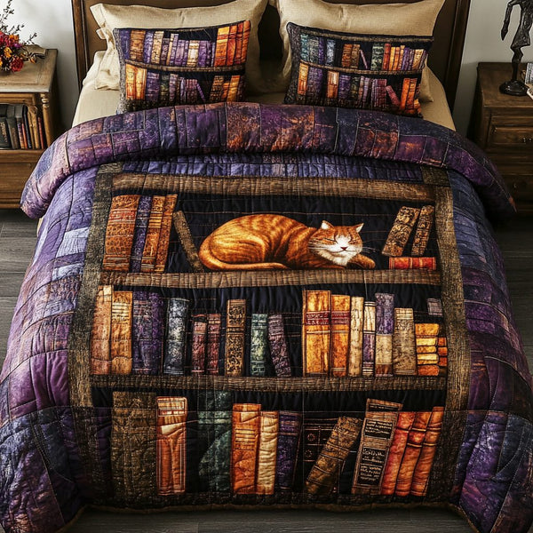 Vintage Cat Bookshelf quilted 3-piece bedding set on a made bed in a farmhouse bedroom