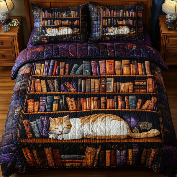 Vintage Cat Bookshelf quilted 3-piece bedding set on a made bed in a farmhouse bedroom