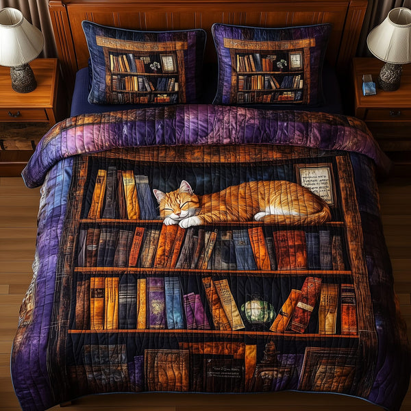 Vintage Cat Bookshelf quilted 3-piece bedding set on a made bed in a farmhouse bedroom