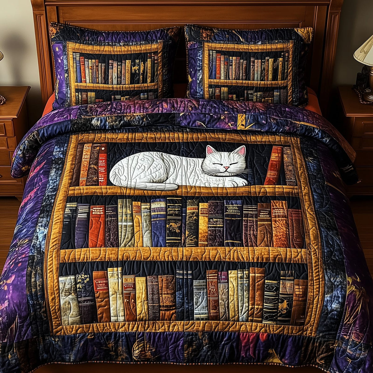 Vintage Cat Bookshelf quilted 3-piece bedding set on a made bed in a farmhouse bedroom