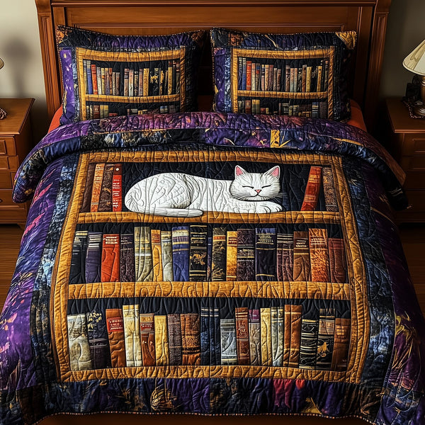 Vintage Cat Bookshelf quilted 3-piece bedding set on a made bed in a farmhouse bedroom