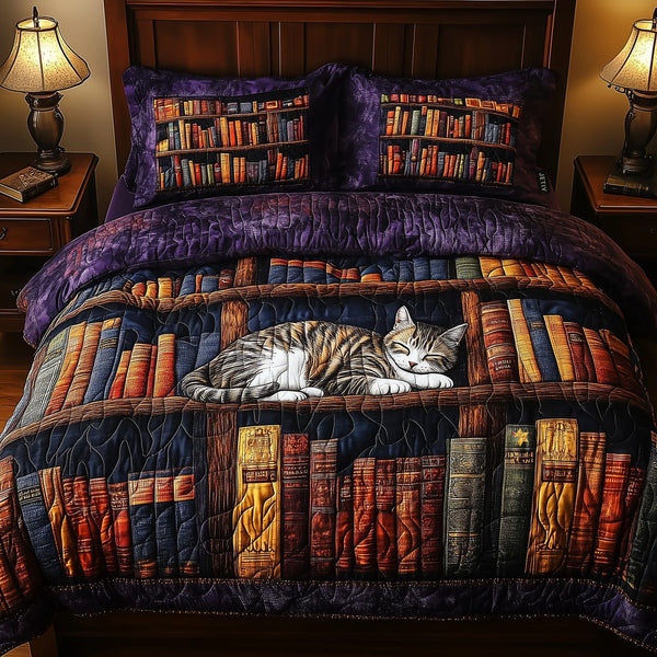 Vintage Cat Bookshelf quilted 3-piece bedding set on a made bed in a farmhouse bedroom