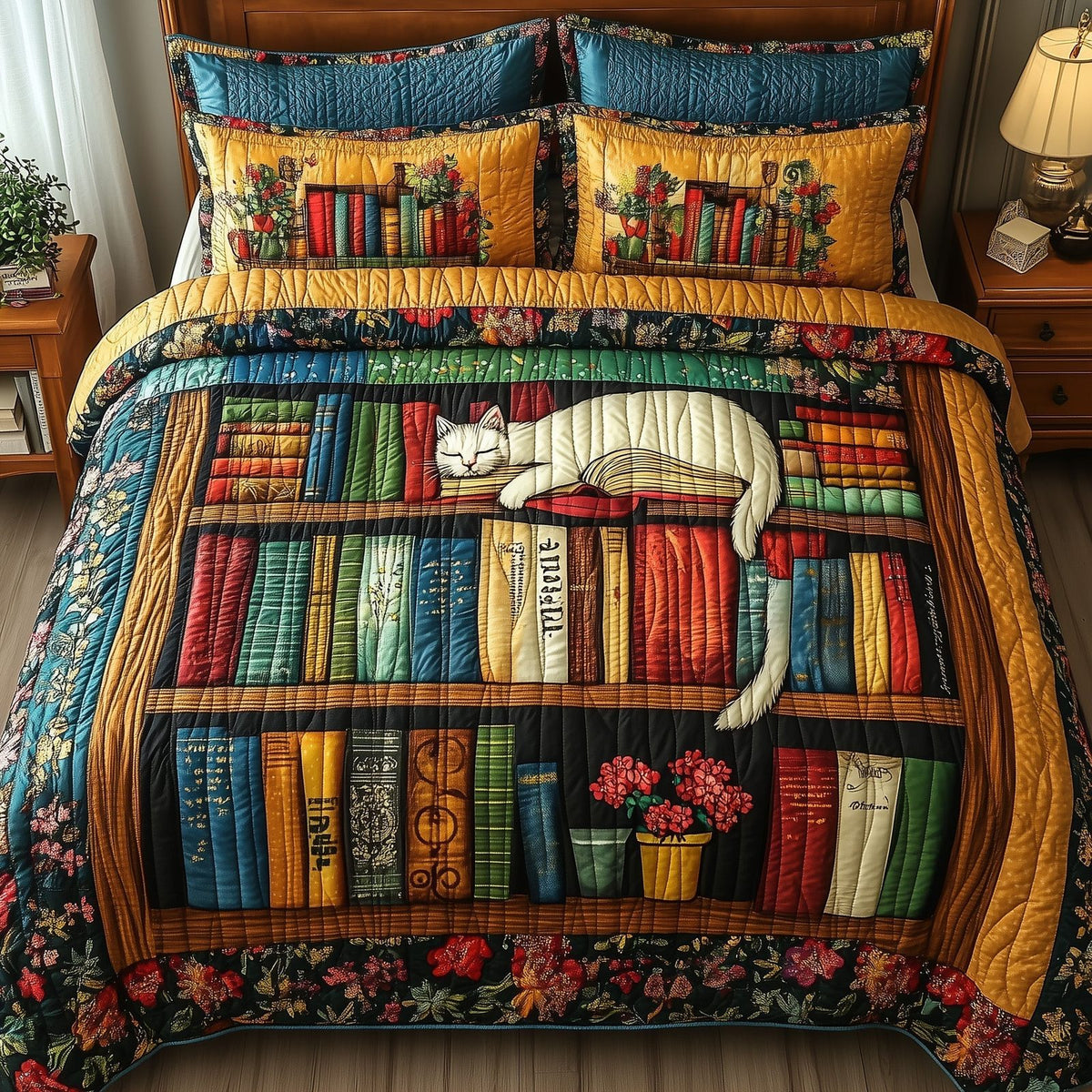 Vintage Cat Bookshelf quilted 3-piece bedding set on a made bed in a farmhouse bedroom