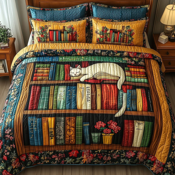 Vintage Cat Bookshelf quilted 3-piece bedding set on a made bed in a farmhouse bedroom