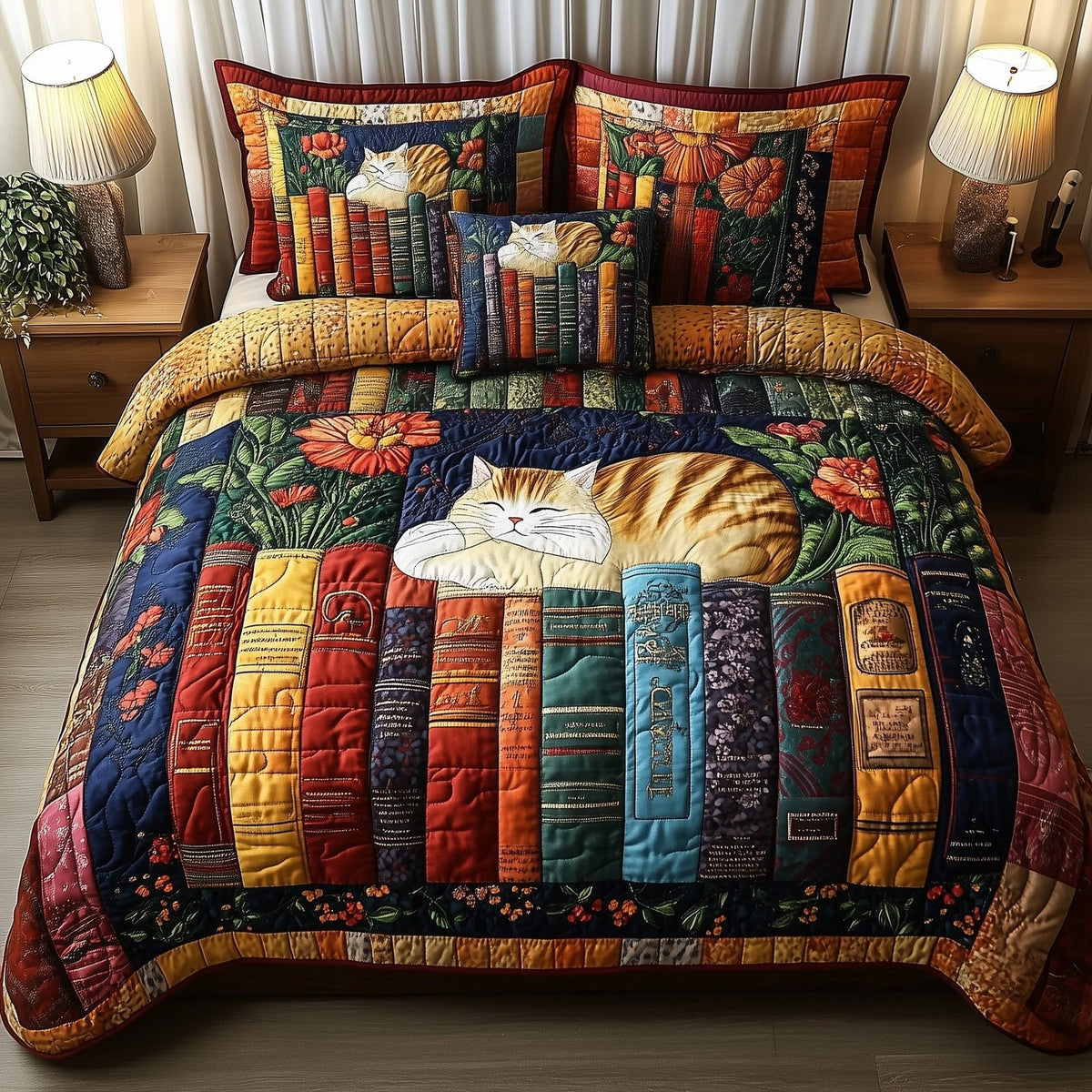 Vintage Cat Bookshelf quilted 3-piece bedding set on a made bed in a farmhouse bedroom
