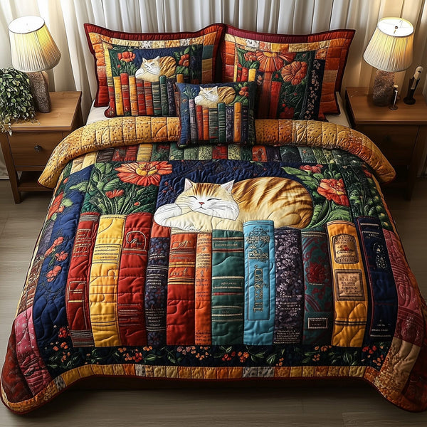 Vintage Cat Bookshelf quilted 3-piece bedding set on a made bed in a farmhouse bedroom