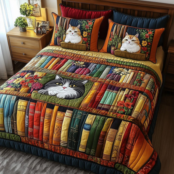 Vintage Cat Bookshelf quilted 3-piece bedding set on a made bed in a farmhouse bedroom