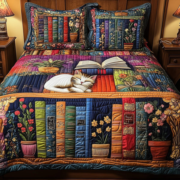 Vintage Cat Bookshelf quilted 3-piece bedding set on a made bed in a farmhouse bedroom