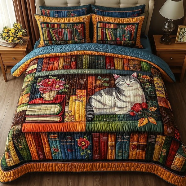 Vintage Cat Bookshelf quilted 3-piece bedding set on a made bed in a farmhouse bedroom