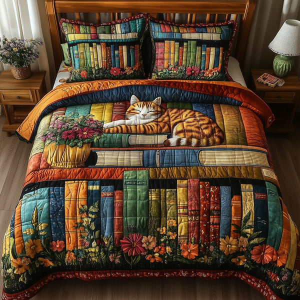 Vintage Cat Bookshelf quilted 3-piece bedding set on a made bed in a farmhouse bedroom