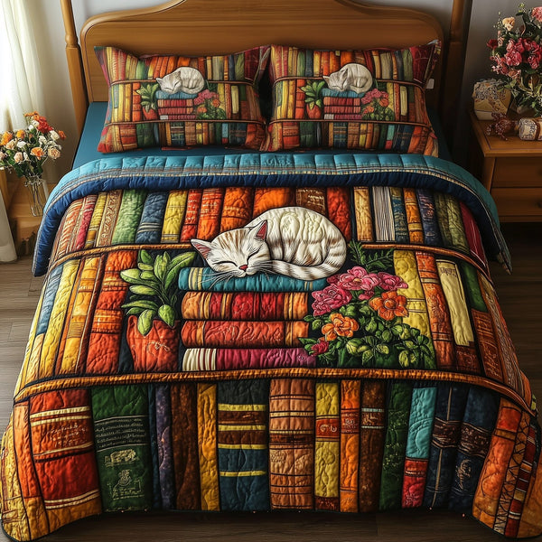 Vintage Cat Bookshelf quilted 3-piece bedding set on a made bed in a farmhouse bedroom