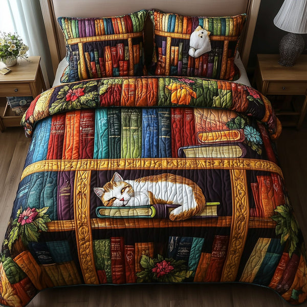 Vintage Cat Bookshelf quilted 3-piece bedding set on a made bed in a farmhouse bedroom