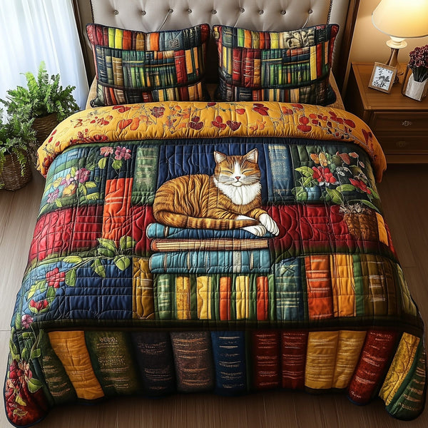 Vintage Cat Bookshelf quilted 3-piece bedding set on a made bed in a farmhouse bedroom