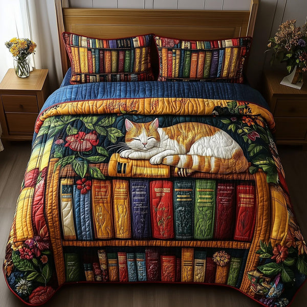 Vintage Cat Bookshelf quilted 3-piece bedding set on a made bed in a farmhouse bedroom