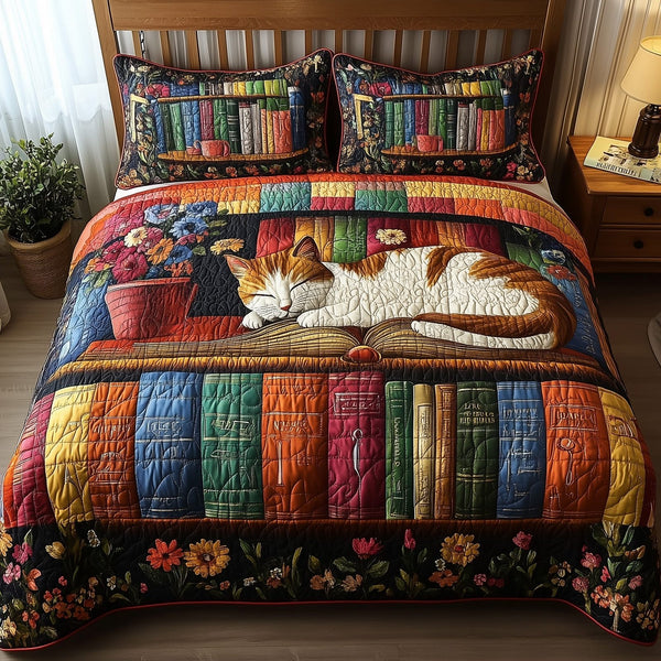 Vintage Cat Bookshelf quilted 3-piece bedding set on a made bed in a farmhouse bedroom