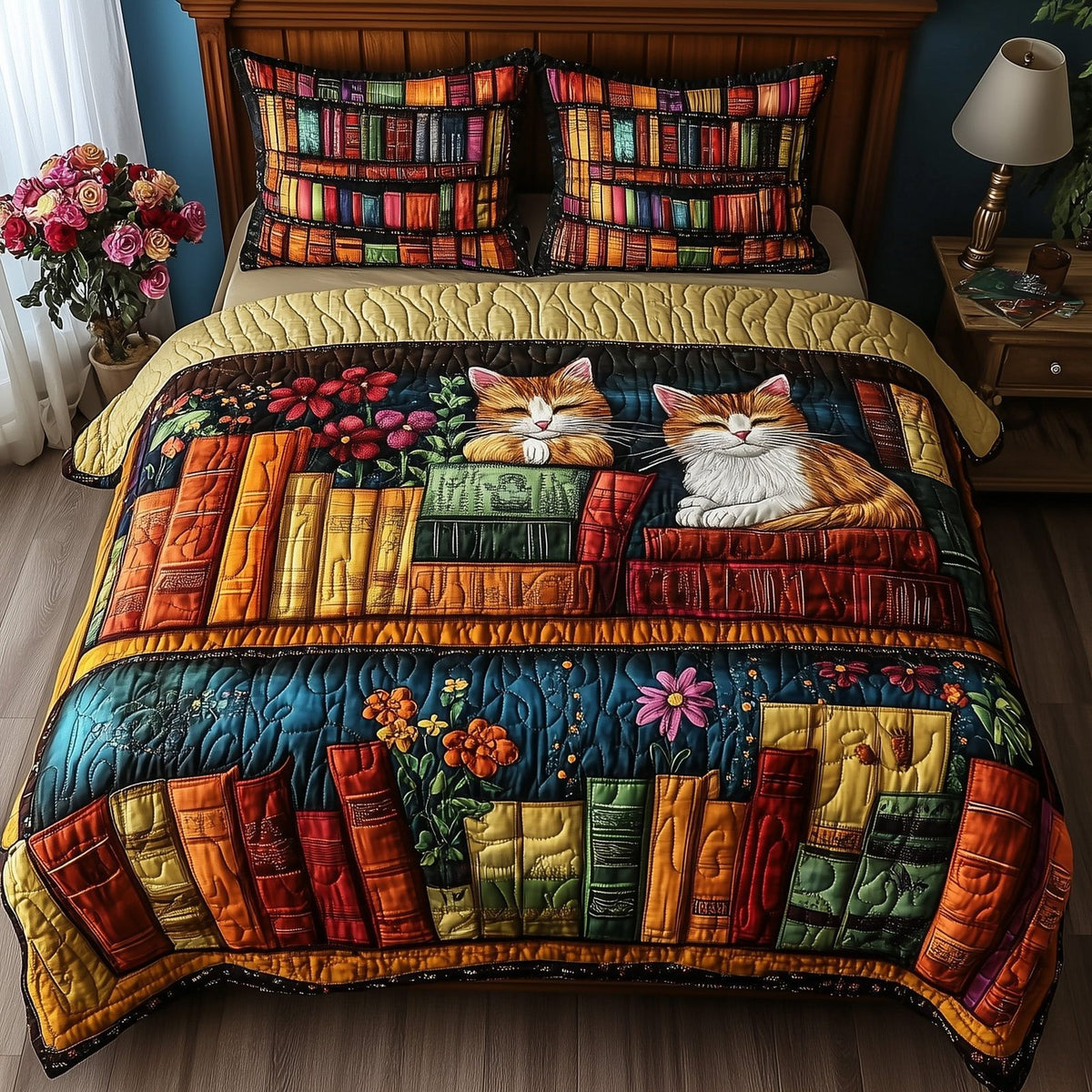 Vintage Cat Bookshelf quilted 3-piece bedding set on a made bed in a farmhouse bedroom