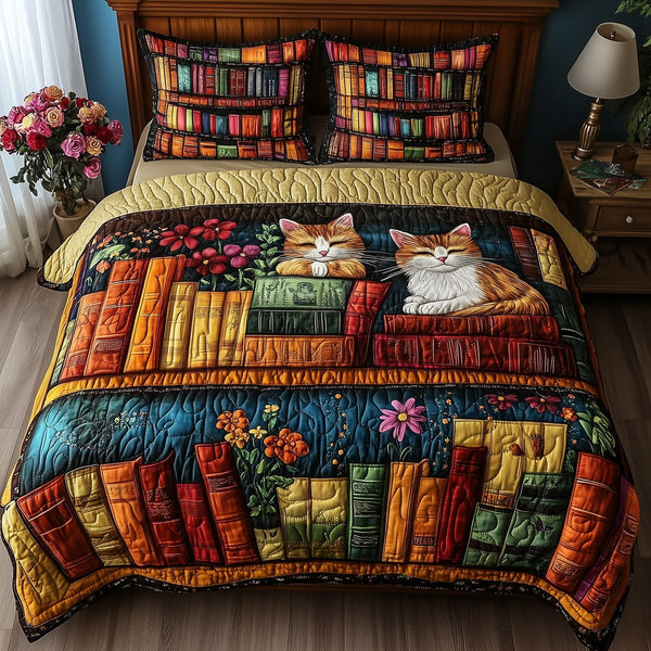 Vintage Cat Bookshelf quilted 3-piece bedding set on a made bed in a farmhouse bedroom