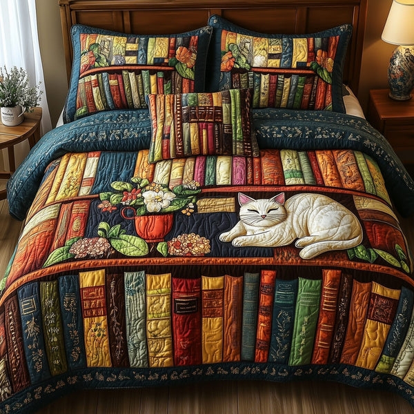 Vintage Cat Bookshelf quilted 3-piece bedding set on a made bed in a farmhouse bedroom
