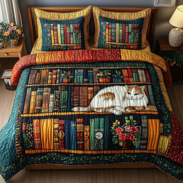 Vintage Cat Bookshelf quilted 3-piece bedding set on a made bed in a farmhouse bedroom