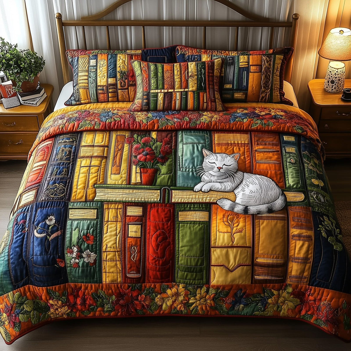 Vintage Cat Bookshelf quilted 3-piece bedding set on a made bed in a farmhouse bedroom