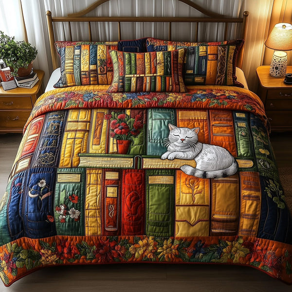 Vintage Cat Bookshelf quilted 3-piece bedding set on a made bed in a farmhouse bedroom