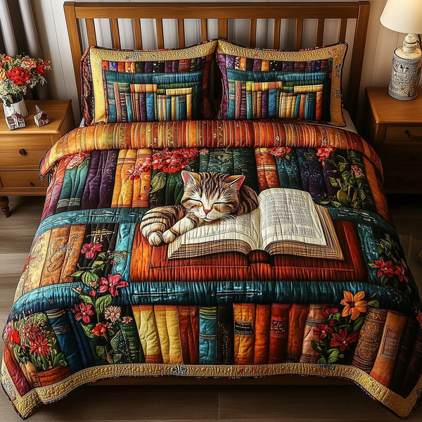 Vintage Cat Bookshelf quilted 3-piece bedding set on a made bed in a farmhouse bedroom