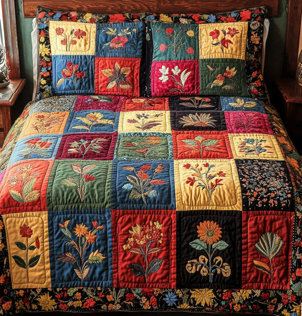 Vintage Charm quilted 3-piece bedding set on a made bed in a farmhouse bedroom