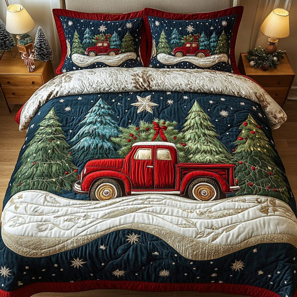 Vintage Cheer quilted 3-piece bedding set on a made bed in a farmhouse bedroom