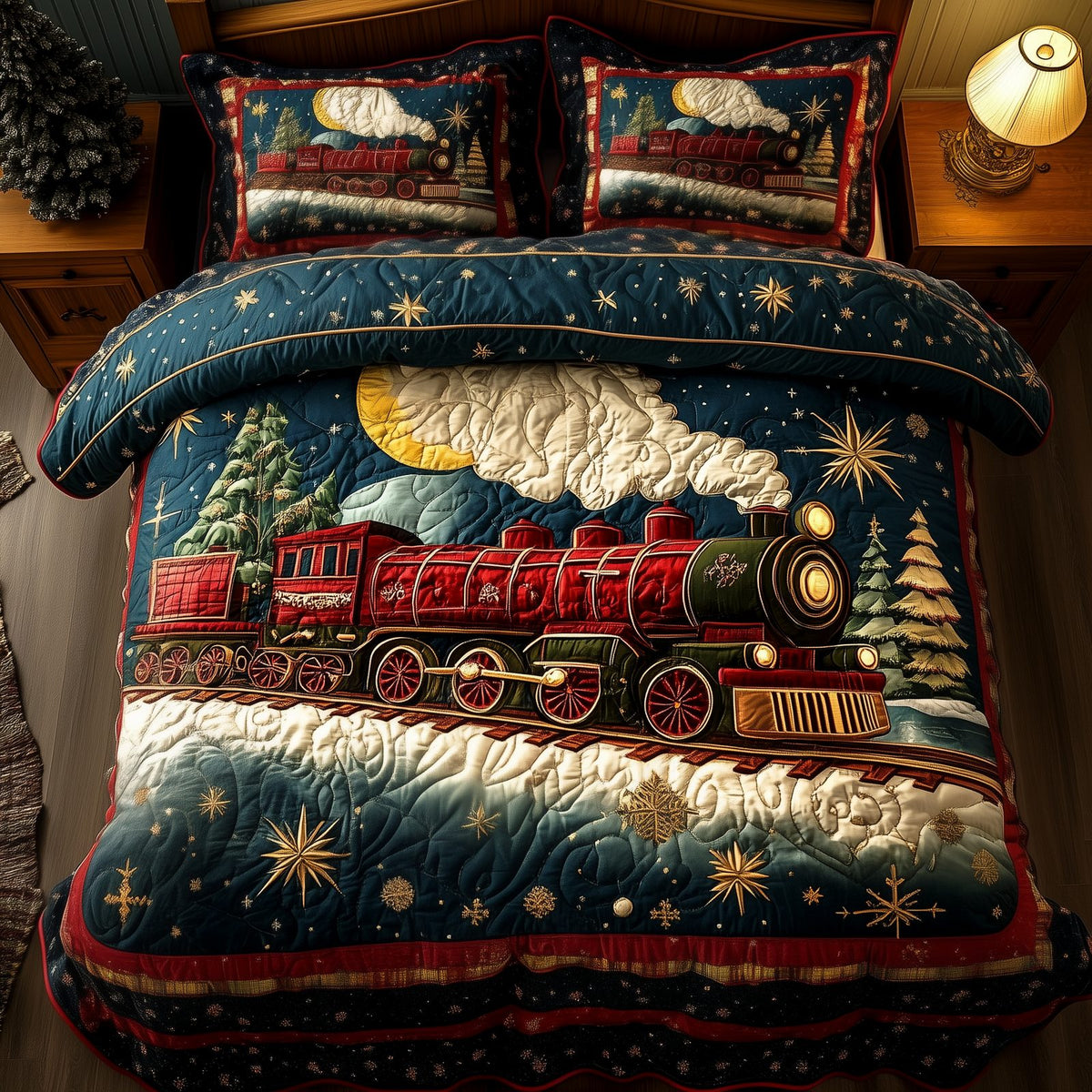 Vintage Christmas Train to Wonderland quilted 3-piece bedding set on a made bed in a winter-styled bedroom