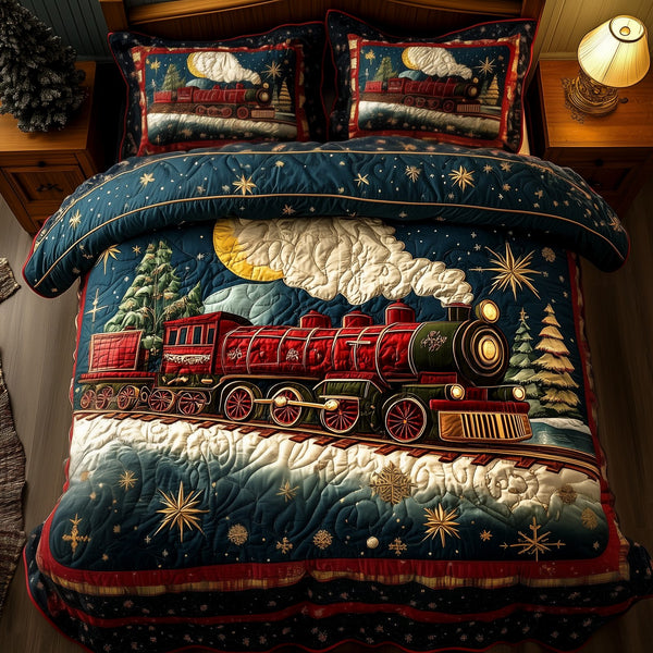 Vintage Christmas Train to Wonderland quilted 3-piece bedding set on a made bed in a winter-styled bedroom