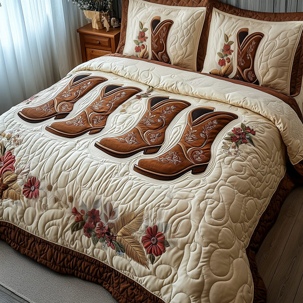 Vintage Cowboy Boots quilted 3-piece bedding set on a made bed in a rustic timber bedroom