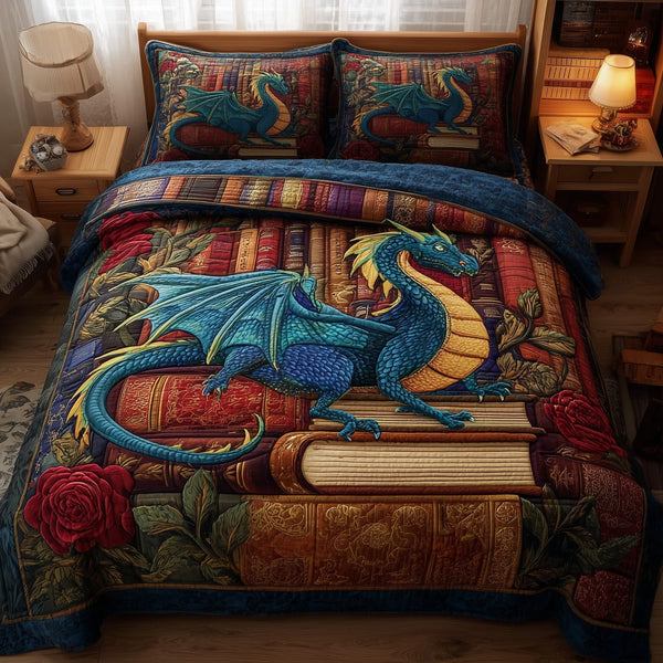 Vintage Dragon quilted 3-piece bedding set on a made bed in a farmhouse bedroom