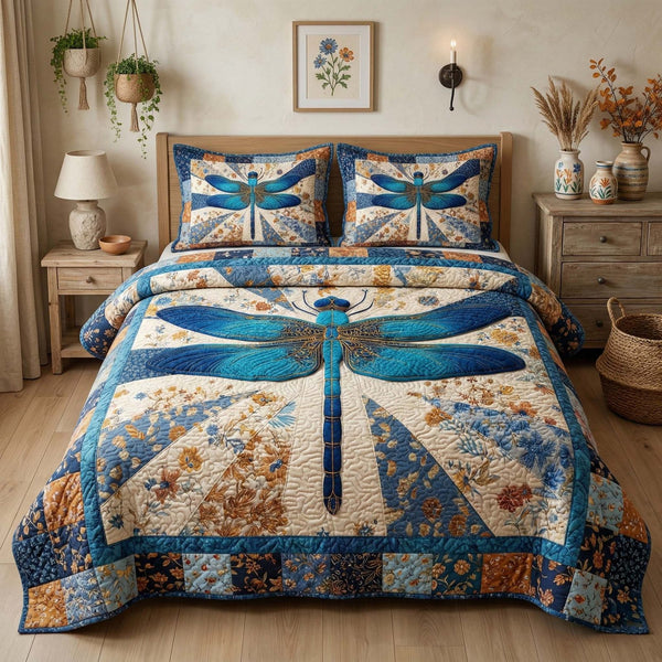 Vintage Dragonfly quilted 3-piece bedding set on a made bed in a farmhouse bedroom