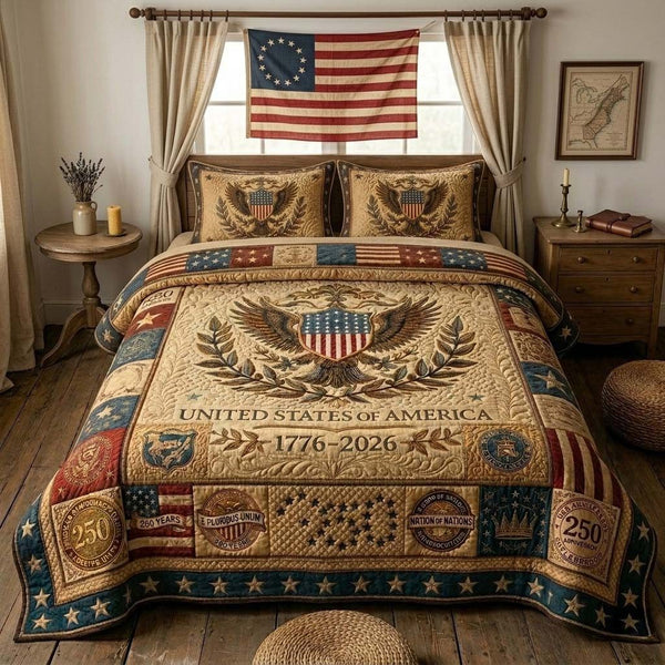 Vintage Eagle Honor quilted 3-piece bedding set on a made bed in a warmly lit bedroom