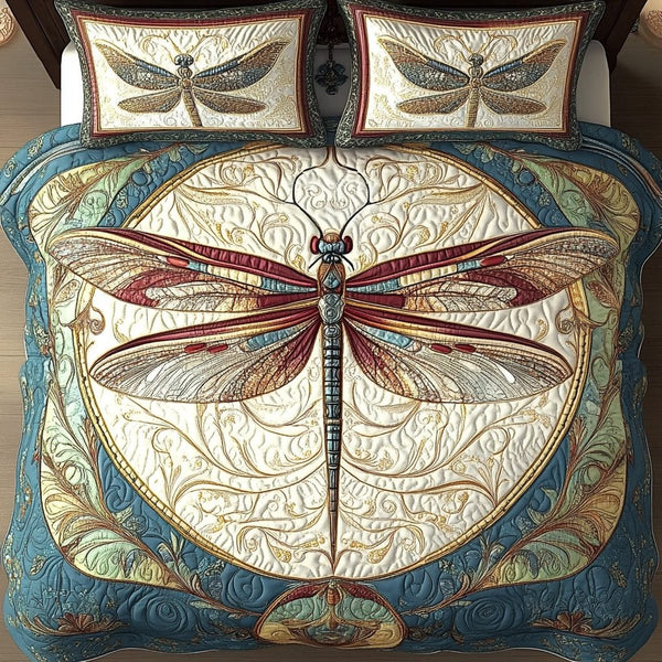 Vintage Elegance Dragonfly quilted 3-piece bedding set on a made bed in a farmhouse bedroom