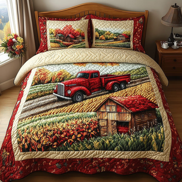 Vintage Farm quilted 3-piece bedding set on a made bed in a farmhouse bedroom