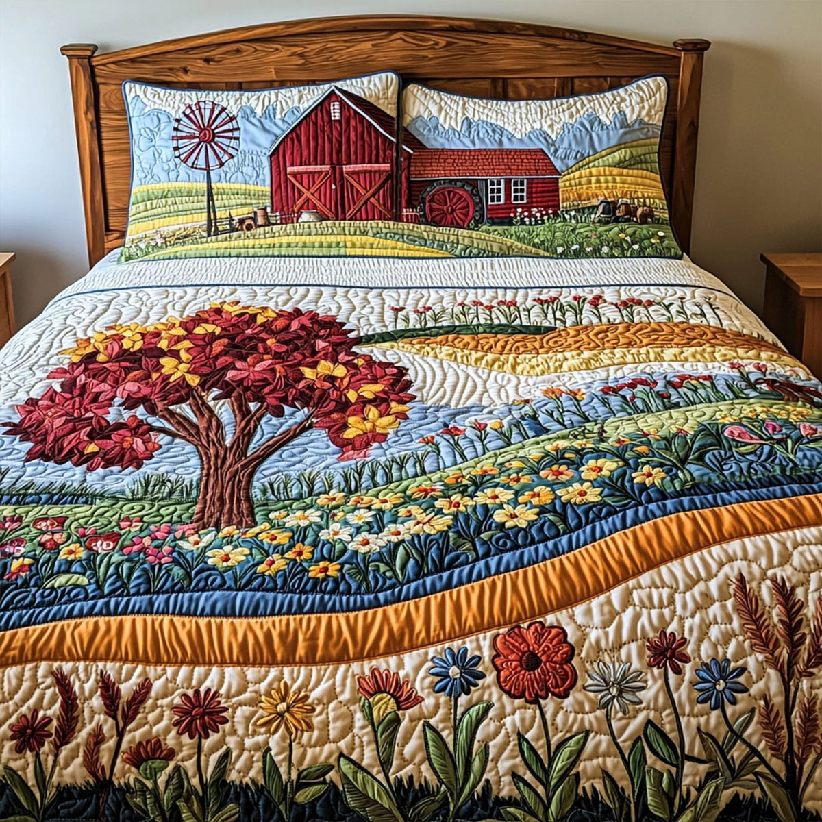 Vintage Fields quilted 3-piece bedding set on a made bed in a farmhouse bedroom