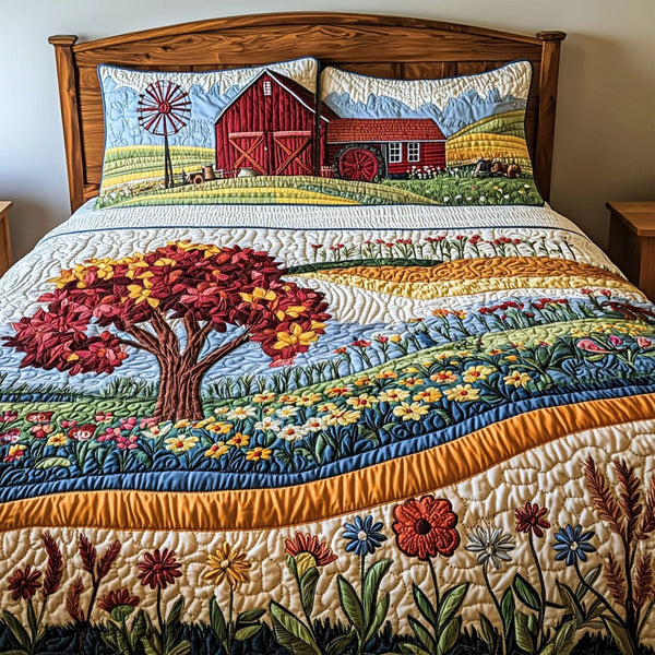 Vintage Fields quilted 3-piece bedding set on a made bed in a farmhouse bedroom