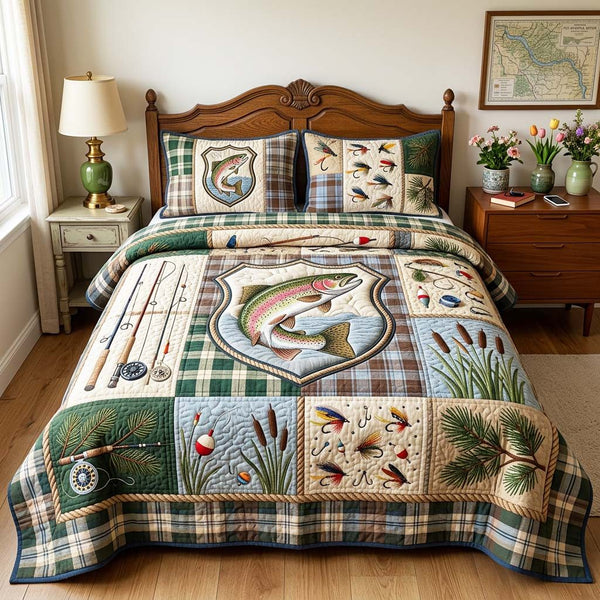 Vintage Fishing quilted 3-piece bedding set on a made bed in a farmhouse bedroom