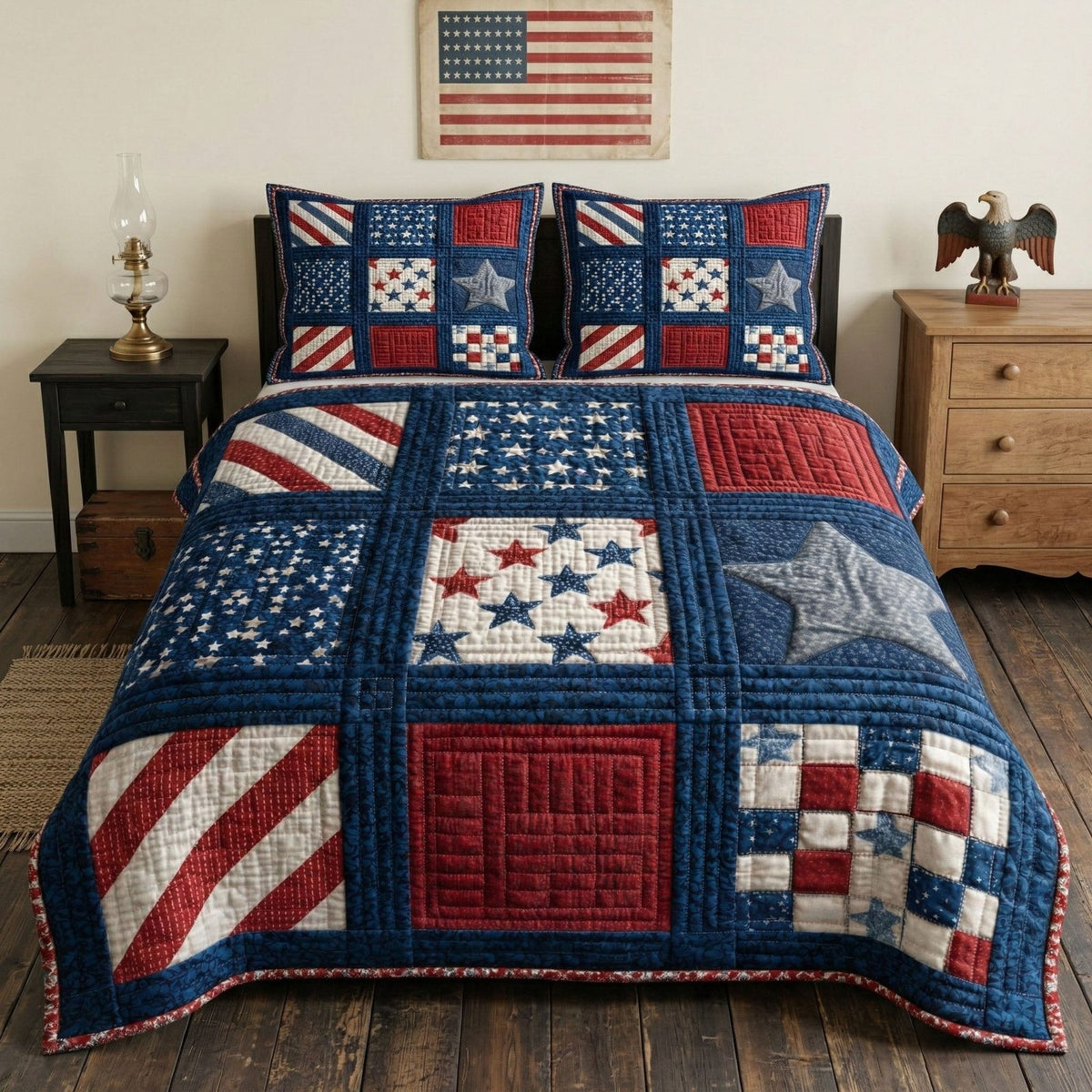 Vintage Flag quilted 3-piece bedding set on a made bed in a warmly lit bedroom