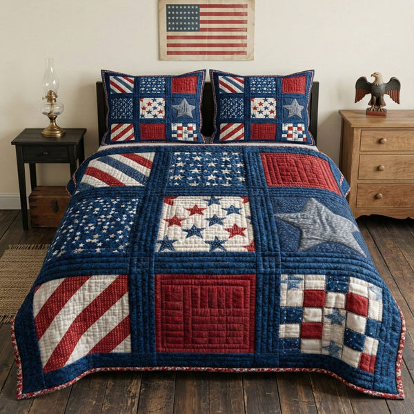 Vintage Flag quilted 3-piece bedding set on a made bed in a warmly lit bedroom