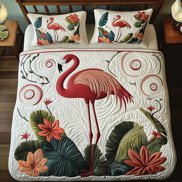 Vintage Flamingo quilted 3-piece bedding set on a made bed in a farmhouse bedroom