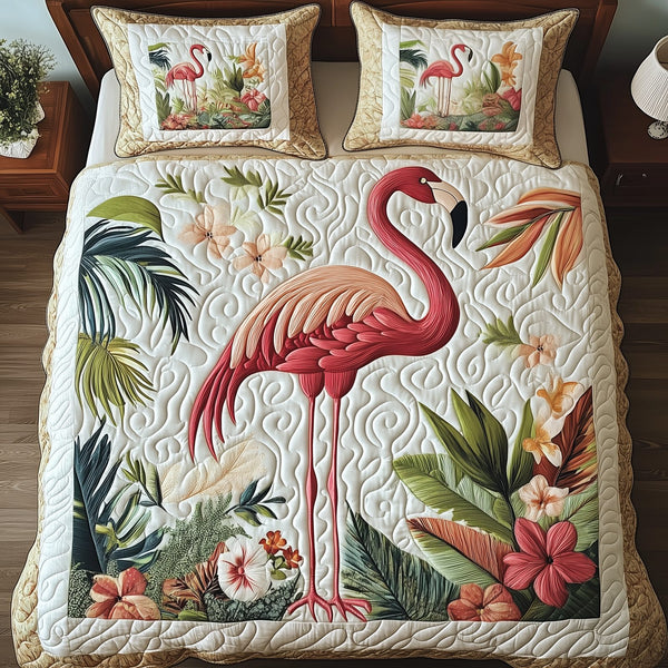 Vintage Flamingo quilted 3-piece bedding set on a made bed in a farmhouse bedroom