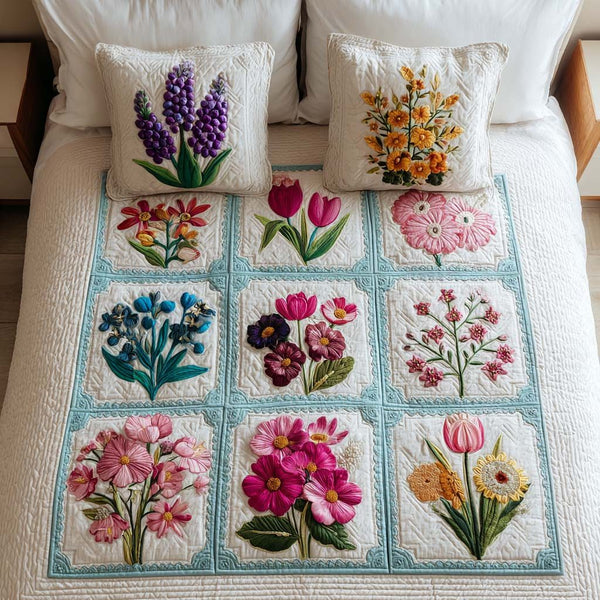 Vintage Flora quilted 3-piece bedding set on a made bed in a farmhouse bedroom